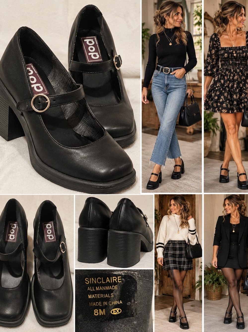 Black Mary Jane Block Heel Pumps for Women